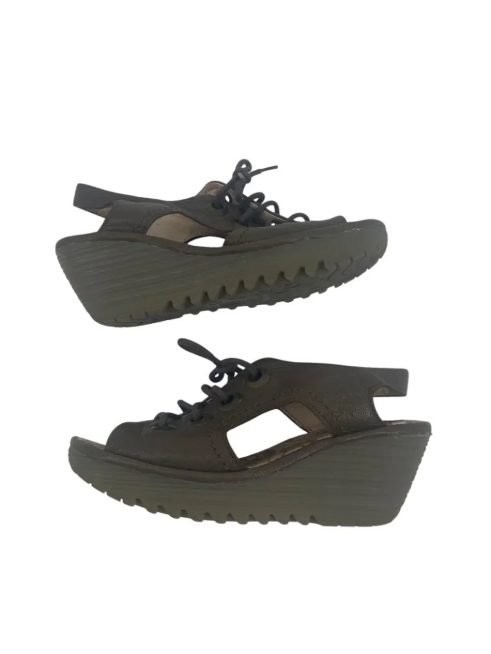 Fly London Women's Yifa Green Lace Up Wedge Sandal Size 36 US 5/5.5